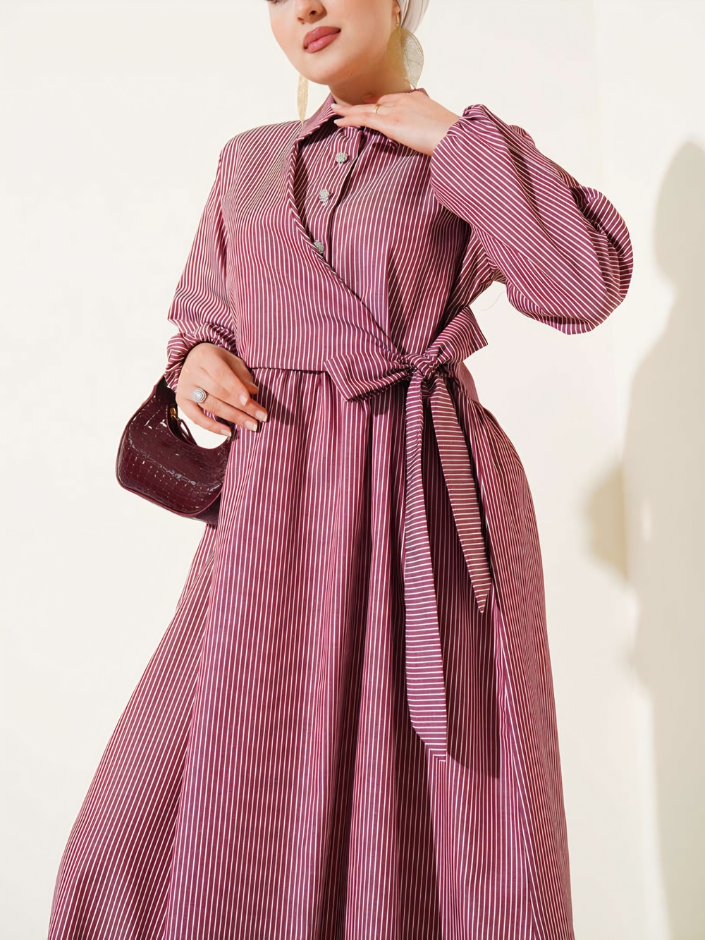 Modest Striped Wrap-Tie Maxi Shirt Dress – Burgundy - Picture 2 of 5